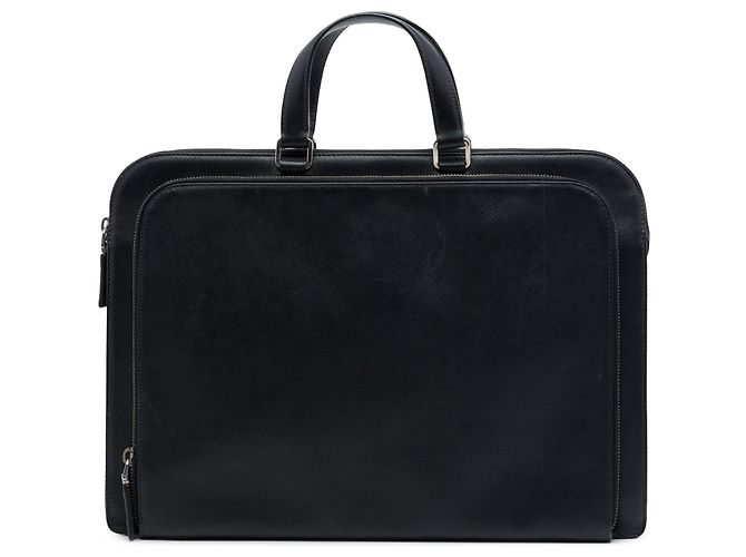 Borsa business Prada Saffiano Cuir nera con tasca frontale con zip per viaggio Nero