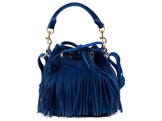 Borsa secchiello Saint Laurent Small Emmanuelle Fringe in camoscio blu