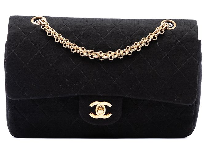 Borsa a Tracolla Chanel Medium Classic Jersey Bijoux Chain Double Flap Nera Nero