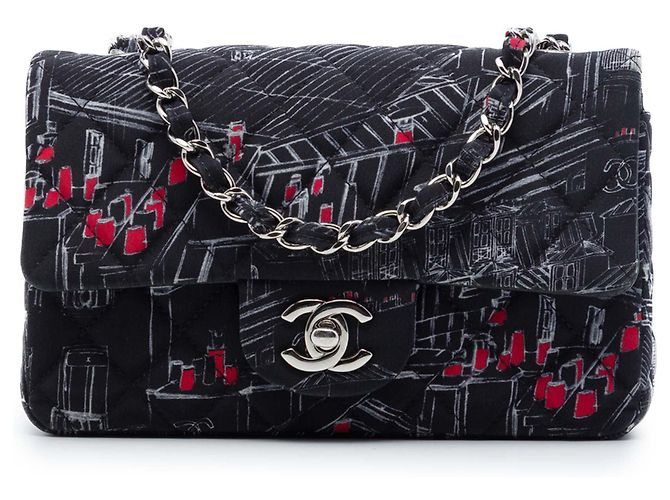 Borsa a tracolla Chanel Mini Classic Canvas Parisian Rooftop Single Flap Nera Nero