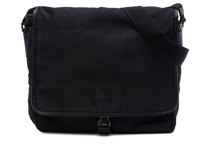 Bolsa Messenger Prada em Tessuto com acabamento em Saffiano e fivela, Preta Preto