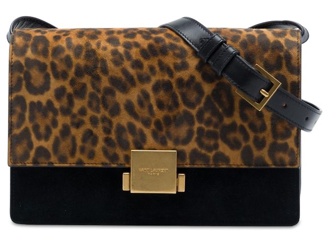 Borsa Bellechasse Saint Laurent Medium in pelle di vitello nera e camoscio leopardato Nero
