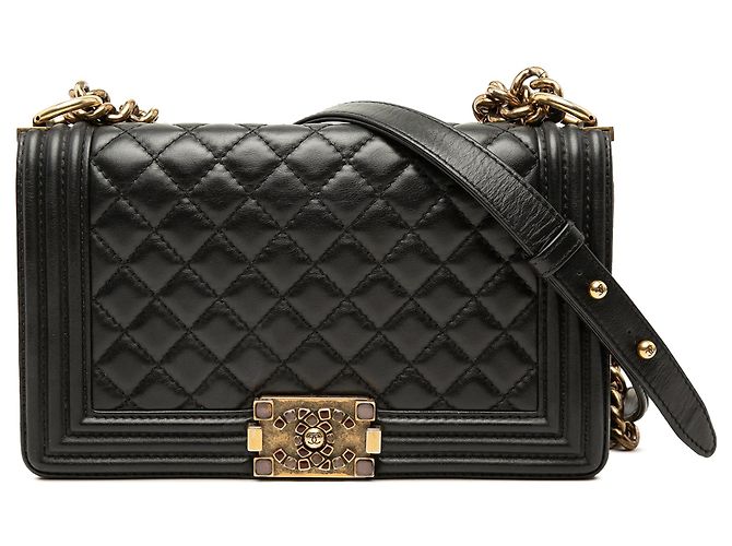 Chanel Boy Flap Crossbody Bag aus schwarzem gestepptem Lammleder, Größe Old Medium, mit Gripoix