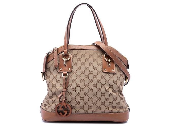 Bolsa Satchel Dome Medium GG Canvas com pingente Gucci Bege