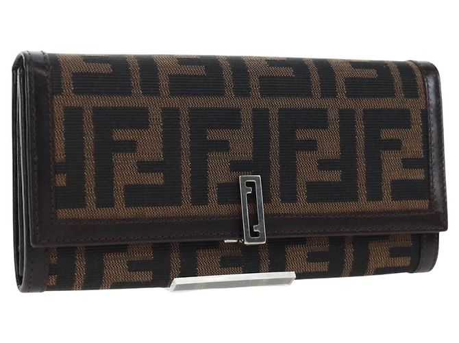 FENDI Cartera larga bifold de lona Zucca Negro Marrón