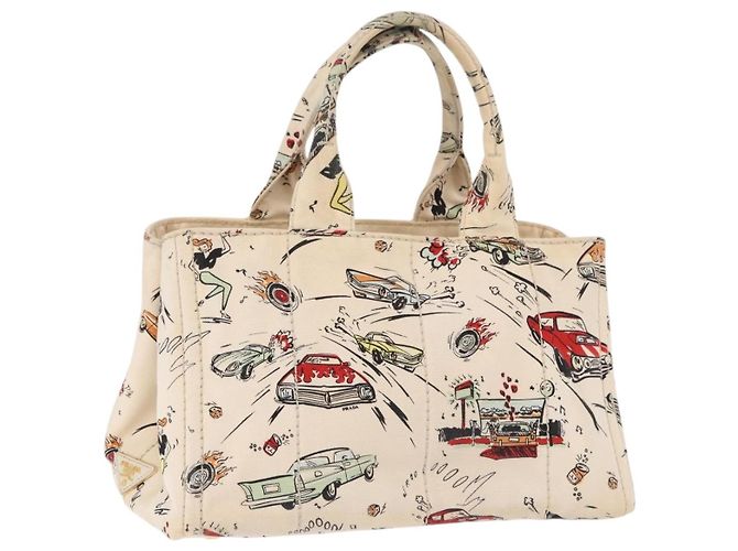 PRADA Canapa M Hand Bag Canvas Ivory Gold