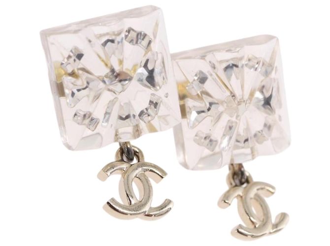 CHANEL Crystal COCO Mark Earring Metal Clear Silver CC