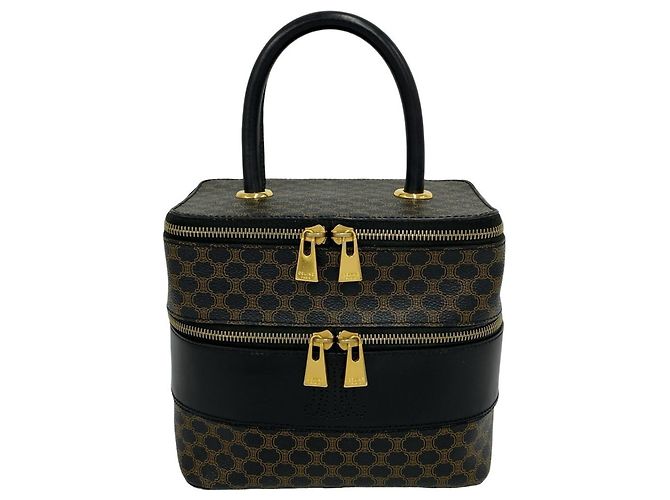 Céline Bolso de mano CELINE Vintage Macadam Blazon Pattern Triomphe de cuero Castaño Negro