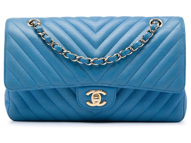 Chanel Blue Medium Classic Chevron Caviar Double Flap
