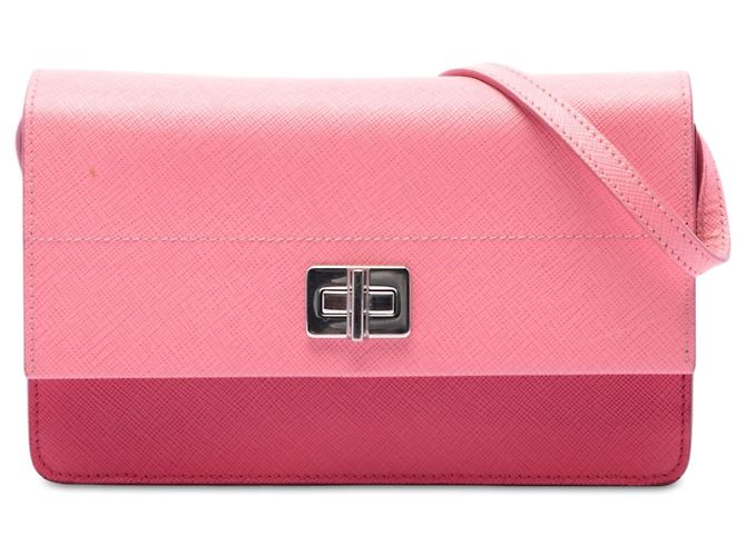 Prada Pink Bicolor Saffiano Turn Lock Wallet on Strap