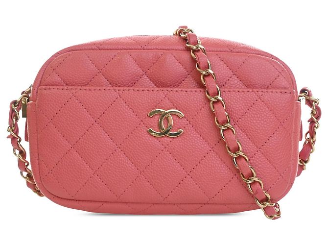 Bolsa Camera Chanel Small CC Matelassé em Couro Caviar Rosa
