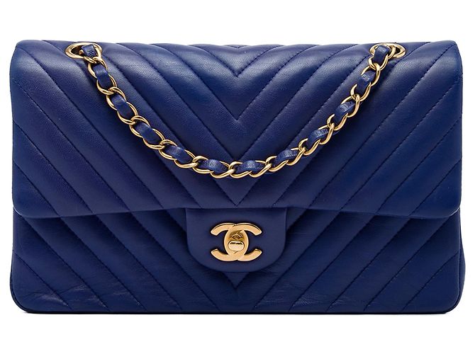 Chanel Blue Medium Classic Chevron Lambskin Double Flap Azul