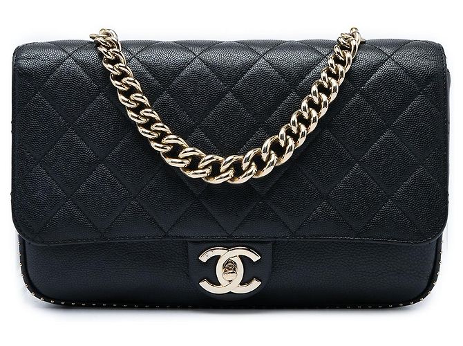 Chanel Black Large CC Quilted Caviar Studded Single Flap Noir