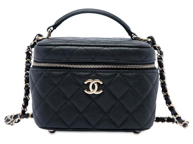 Chanel Small Vanity Case de Caviar Acolchado Negro con Asa y Cadena