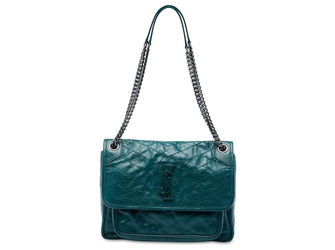 Saint Laurent Niki em couro de bezerro enrugado verde Medium Verde escuro