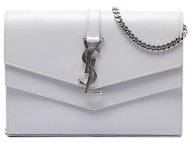 Saint Laurent Sulpice Wallet on Chain aus grauem Leder mit Monogramm Braun