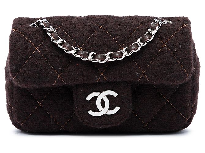 Chanel Brown Extra Mini Quilted Wool Single Flap Marrom Castanho escuro