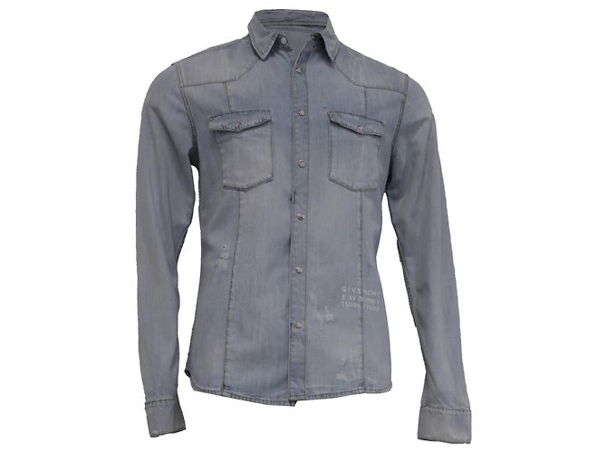 Givenchy Distressed Slim-Fit Denim Shirt in Blue Cotton