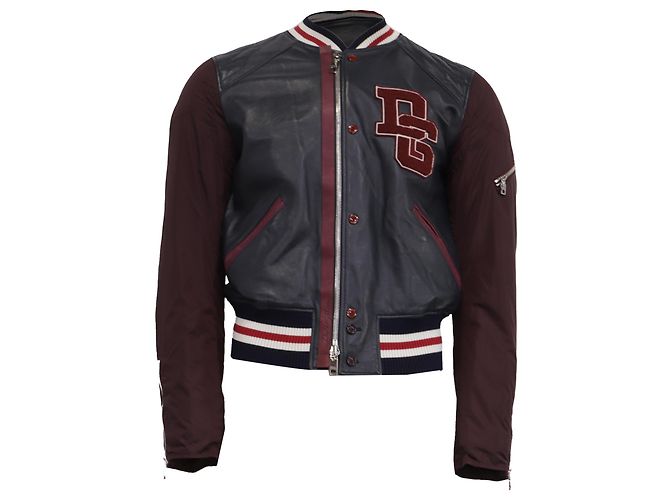 Dolce & Gabbana DG Logo Varsity Bomber Jacket in Multicolor Lamb Leather  Red Dark red