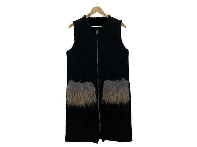 Autre Marque Chaleco Abrigo sfide de Piel de Mapache y Eco Mouton Negro