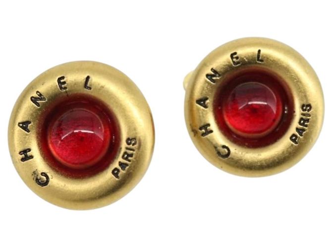 CHANEL Brincos Metal Tom Dourado Vermelho CC