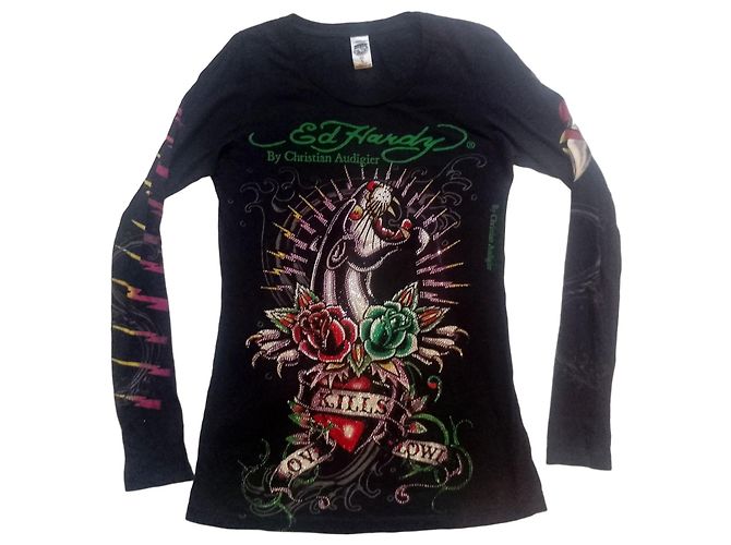 Autre Marque Ed Hardy by Christian Audigier Top Maniche Lunghe Strass Pantera Nero