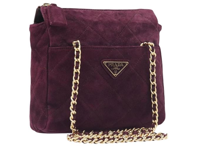 Bolsa de Ombro de Corrente Acolchoada PRADA em Camurça Bordeaux Gold Auth yk20855A Dourado