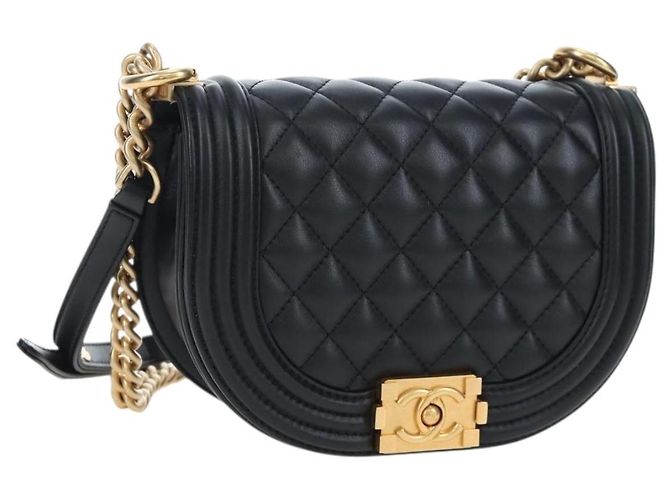 Borsa a Tracolla con Catena CHANEL Boy Chanel Pelle d'Agnello Nero Oro CC Auth BA14817SAM