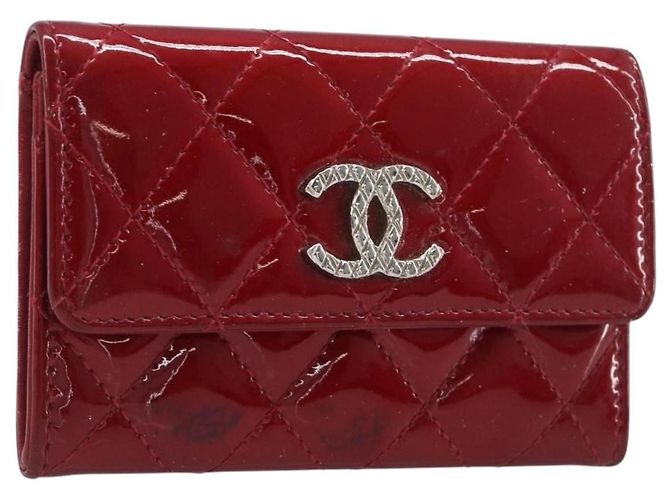 Céline CELINE Porte-cartes Matelasse Patent Red Silver Auth 198555 Argenté Rouge