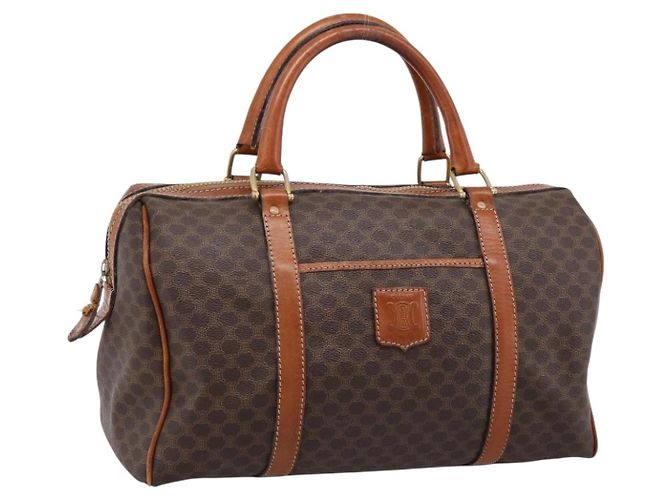 Céline Bolsa Boston CELINE Macadam Canvas PVC Leather Brown Gold Auth 197619 Marrom Dourado