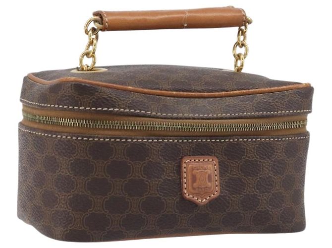 Céline Bolsa Vanity de Mão com Corrente CELINE Macadam Canvas PVC Couro Marrom Dourado Auth 199112A