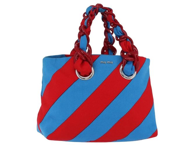 Borsa Tote con Catena Miu Miu Canvas Red Blue Auth BA15319V Rosso