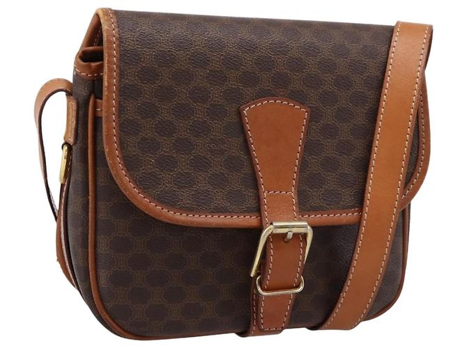Céline Borsa a Tracolla CELINE Macadam PVC Pelle Marrone Tono Oro Auth BA15351