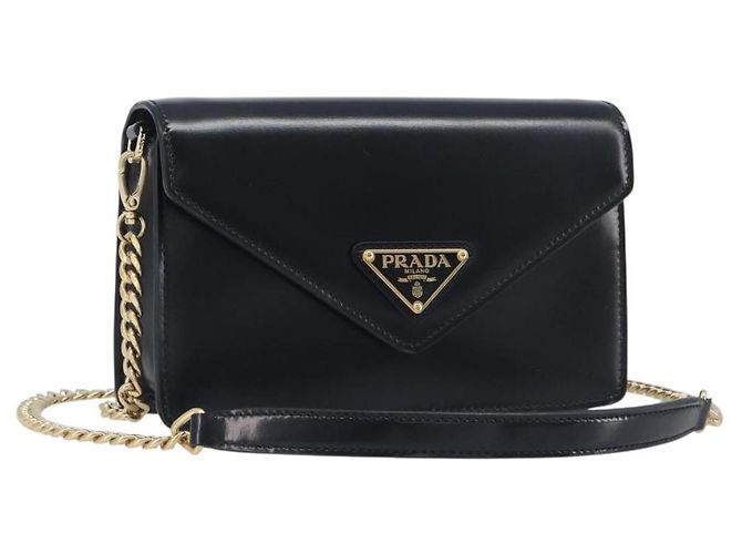 Bolsa de Ombro com Corrente PRADA em Couro Preto e Ouro Auth 199037SAM Dourado