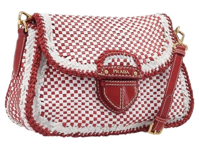 Bolsa de Ombro PRADA em Couro Branco Vermelho Auth 196589A