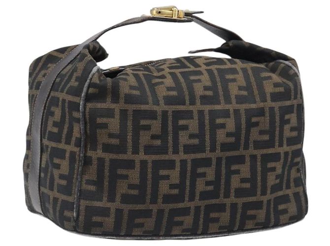 Borsa a mano Vanity Pouch FENDI Zucca Canvas Nero e Marrone Auth mr2846