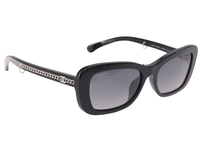 CHANEL COCO Mark Chain Rectangle Shape Sunglasses plastic CC Auth SW2687SAM Black