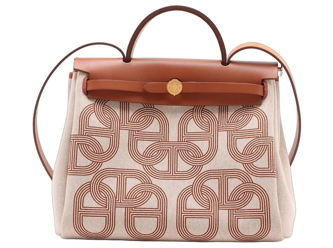 Hermès Herbag PM Twill Ash & Vache Hunter Leather & Canvas Zip Top-handle Handbag Beige