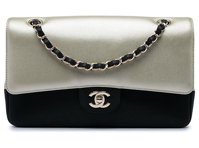 Borsa a tracolla Chanel Medium Classic Bicolor in pelle caviar nera e vitello iridescente, double flap Nero