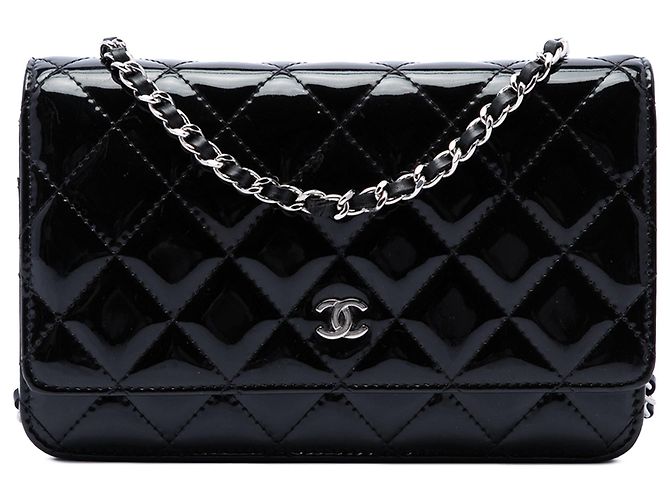 Borsa a tracolla Chanel CC Quilted Patent Wallet On Chain Nera Nero