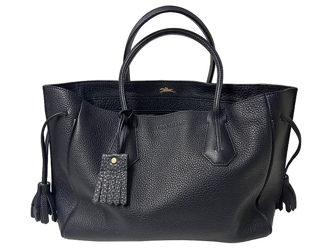Longchamp Saco Cabas em Couro Granulado Azul Marinho Azul escuro