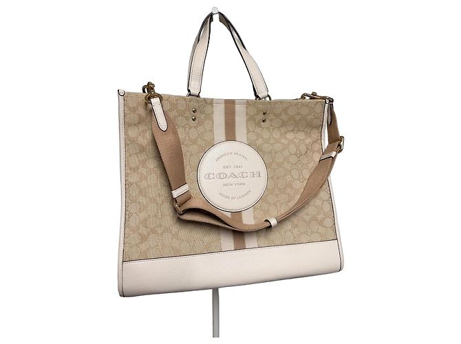 Saco Tote Coach em Tela Monogramada e Couro Branco Bege