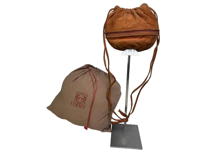 Vintage Loewe Suede Drawstring Bag Rust Gold Red
