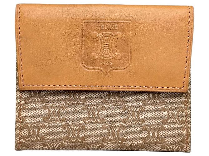 Céline Vintage Celine Canvas Leather Wallet Tan Light Brown Gold Camel