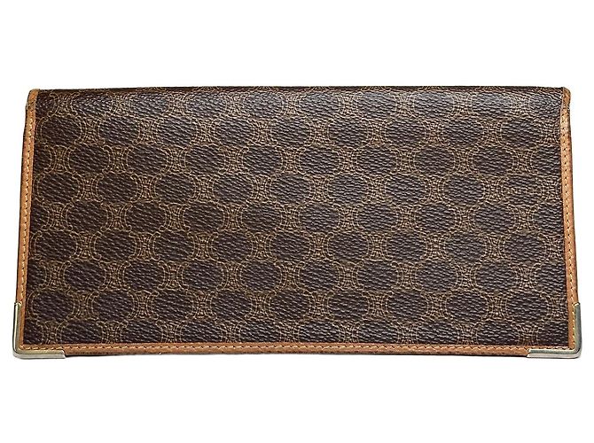 Céline Vintage Celine Logo Pattern Leather Wallet Brown Gold