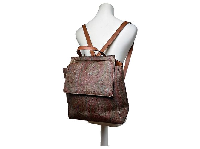Vintage Etro Fabric Leather Trim Backpack Cream Rust Green Beige