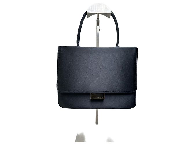 Vintage Courreges Satin-Leder Handtasche Schwarz Silber