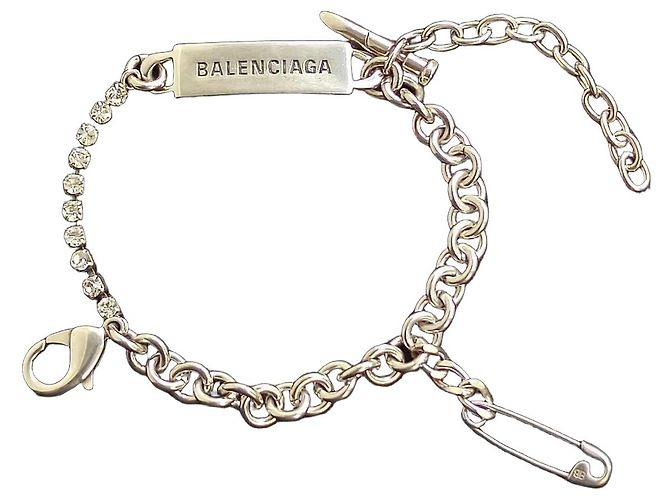 Balenciaga Bracciale a Catena Placca Logo e Strass Argento