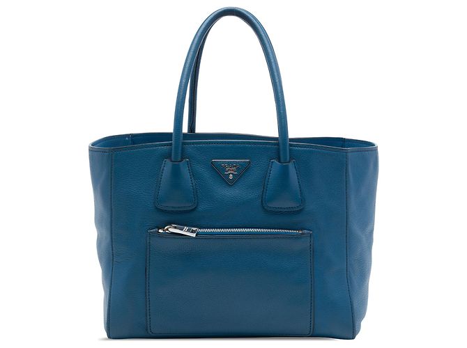 Tote Sacola Prada em couro de bezerro macio azul com bolso frontal