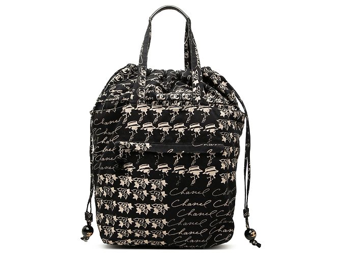 Chanel Black CC Canvas Grafitti Drawstring Tote